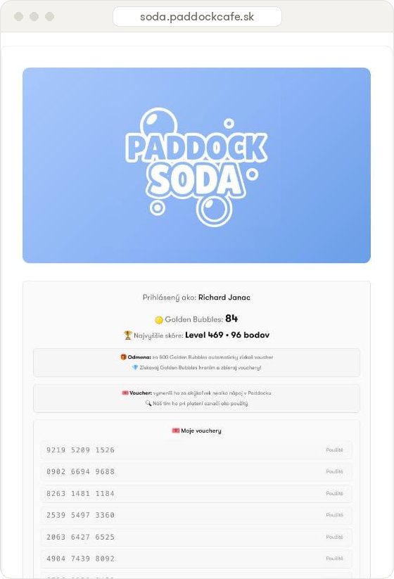 Hra Paddock Soda: logo, Golden Bubbles, najvyššie skóre a&nbsp;zoznam voucherov. Kódy voucherov sú vymyslené.